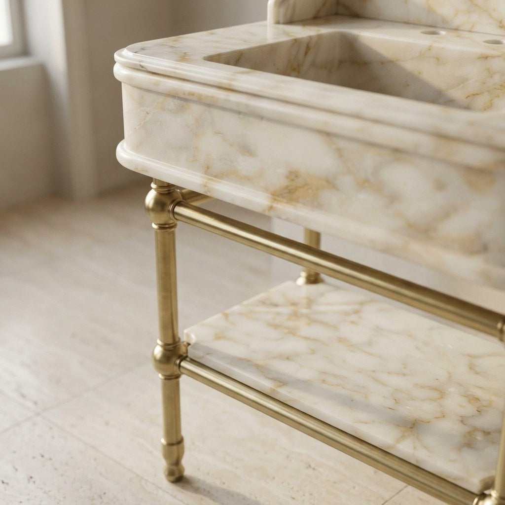 Calacatta Gold Marble Console Sink with Brass Stand — detail — view 4