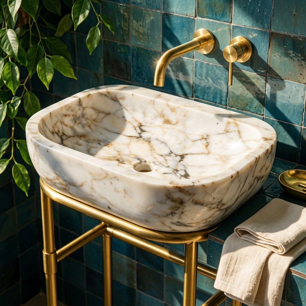 Calacatta Gold Marble Sink with Brass Stand — premium — view 2