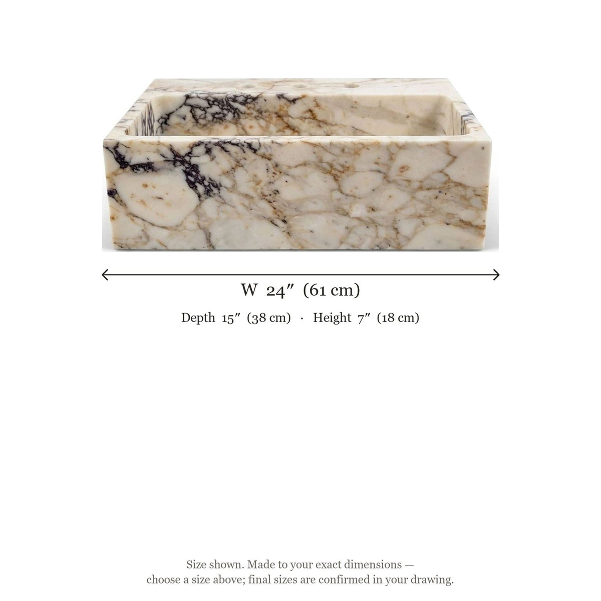 Calacatta Viola Polished Rectangular Marble Sink — dimensions — view 4