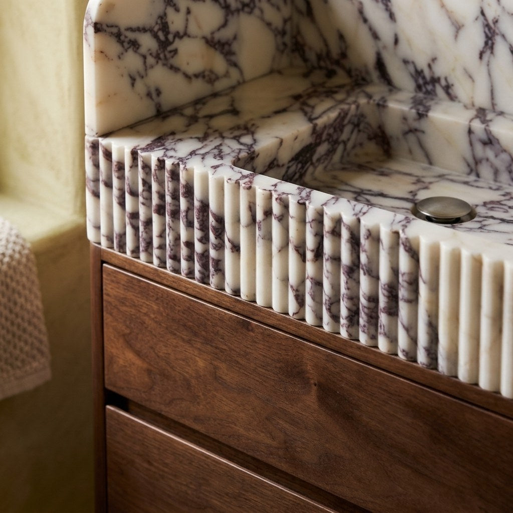 Calacatta Viola Fluted Marble Vanity Sink with Backsplash — detail — view 4