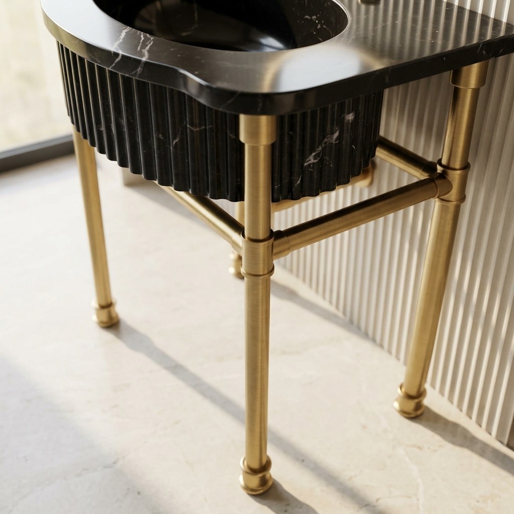 Nero Marquina Fluted Marble Sink with Brass Stand — detail — view 4