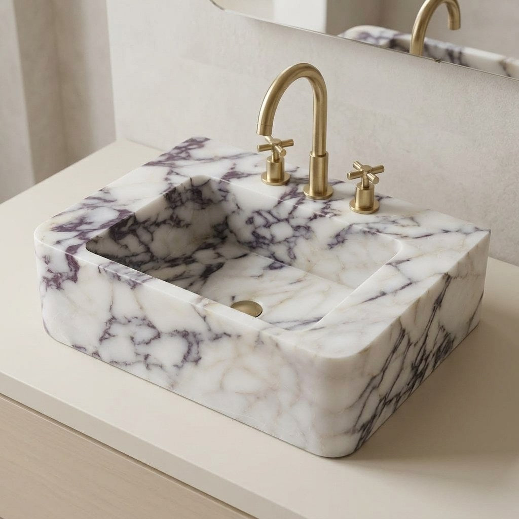Calacatta Viola Honed Marble Sink with 3 Faucet Holes — detail — view 4