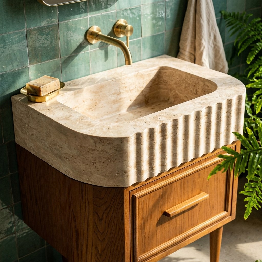 Honed Travertine Fluted Sink with Wooden Vanity — premium — view 2