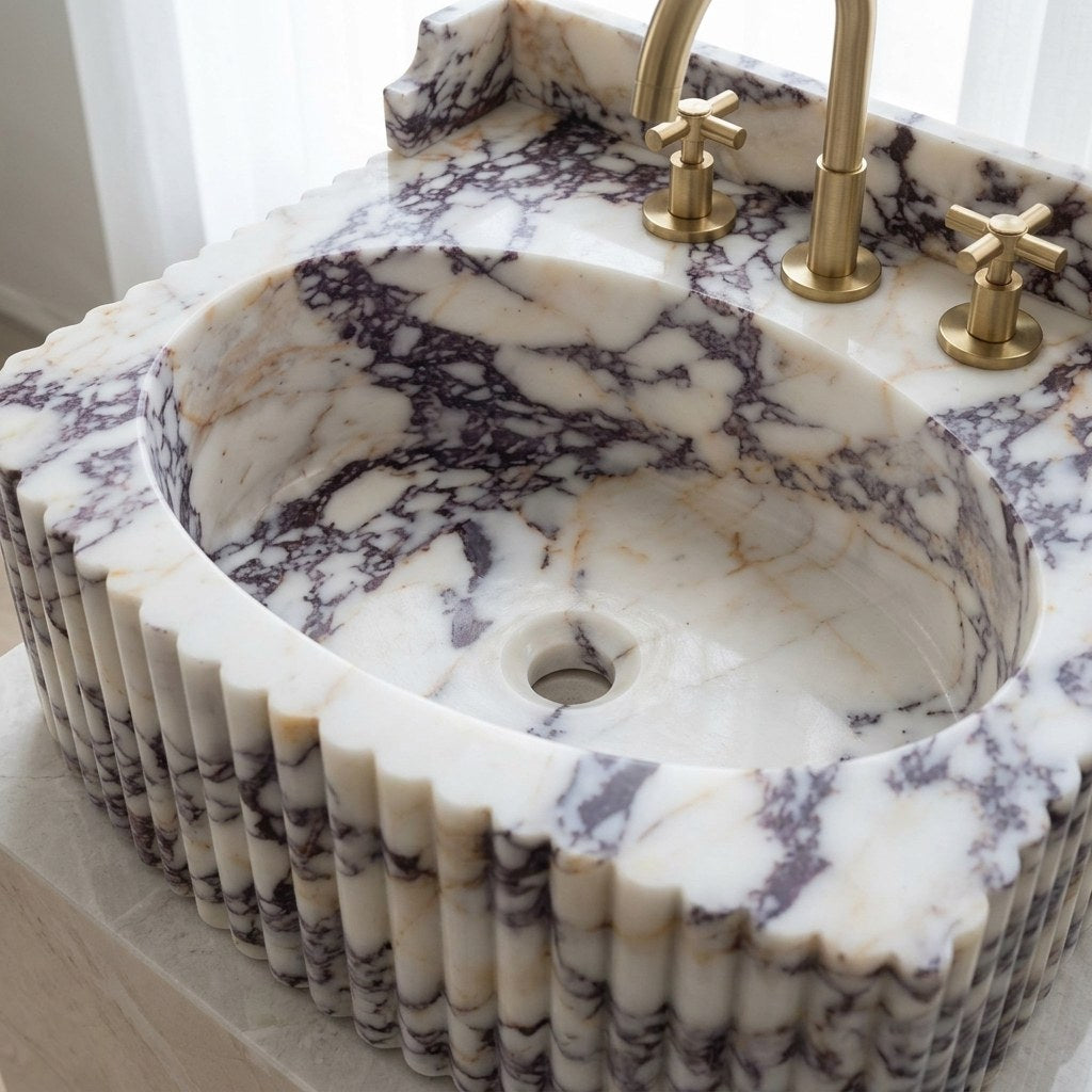 Calacatta Viola Polished Fluted Marble Sink — detail — view 4