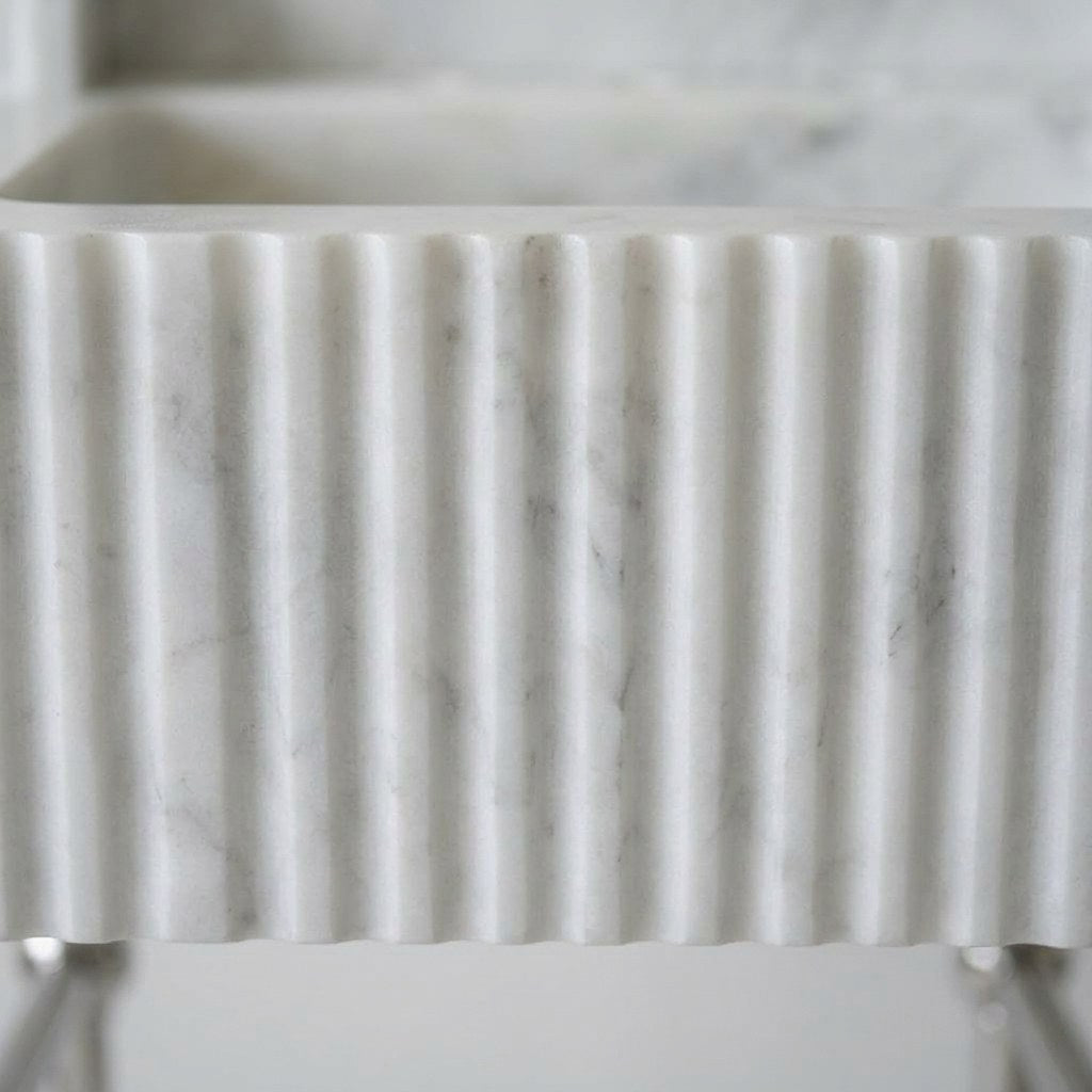 Carrara Fluted Marble Sink with Metal Stand and Backsplash — marble detail — view 2