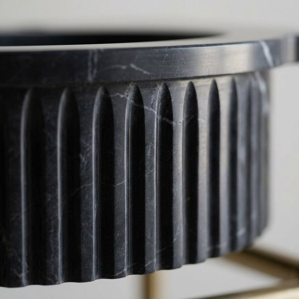 Nero Marquina Fluted Marble Sink with Brass Stand — marble detail — view 3