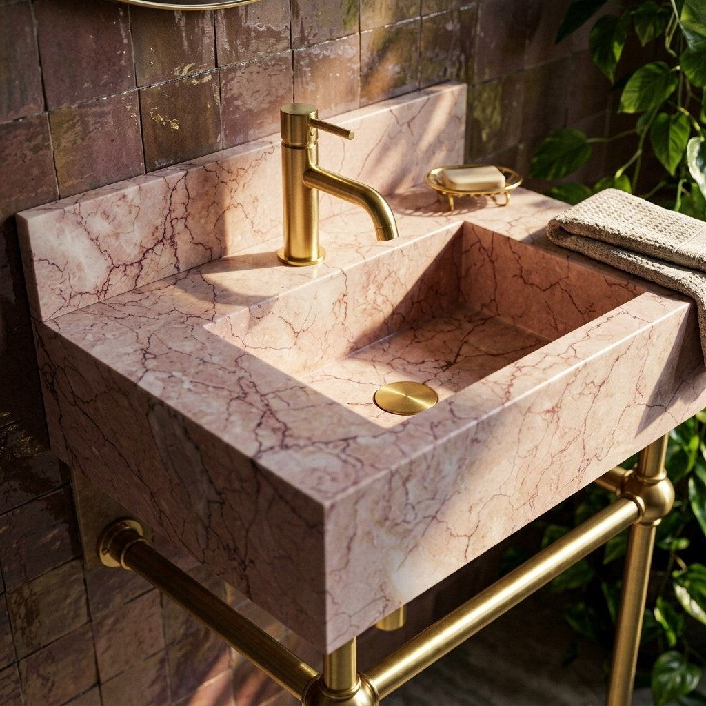 Pink Violet Marble Console Sink with Antique Brass Stand — premium — view 2