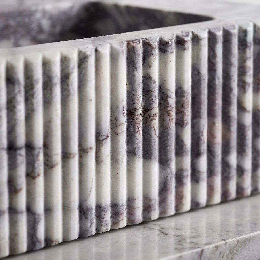 Calacatta Viola Fluted Marble Sink with Backsplash — marble detail — view 2