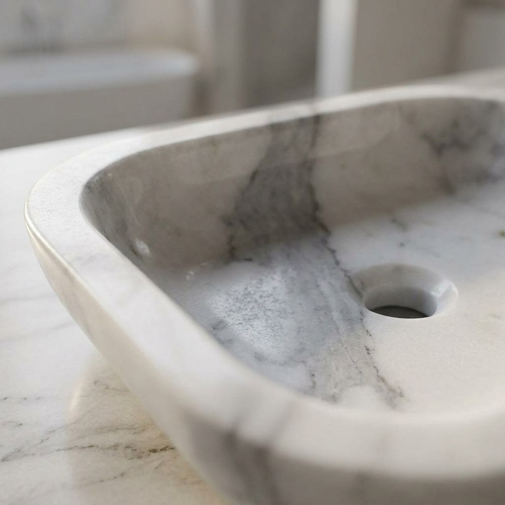 Carrara Marble Honed Rectangular Vessel Sink — marble detail — view 3