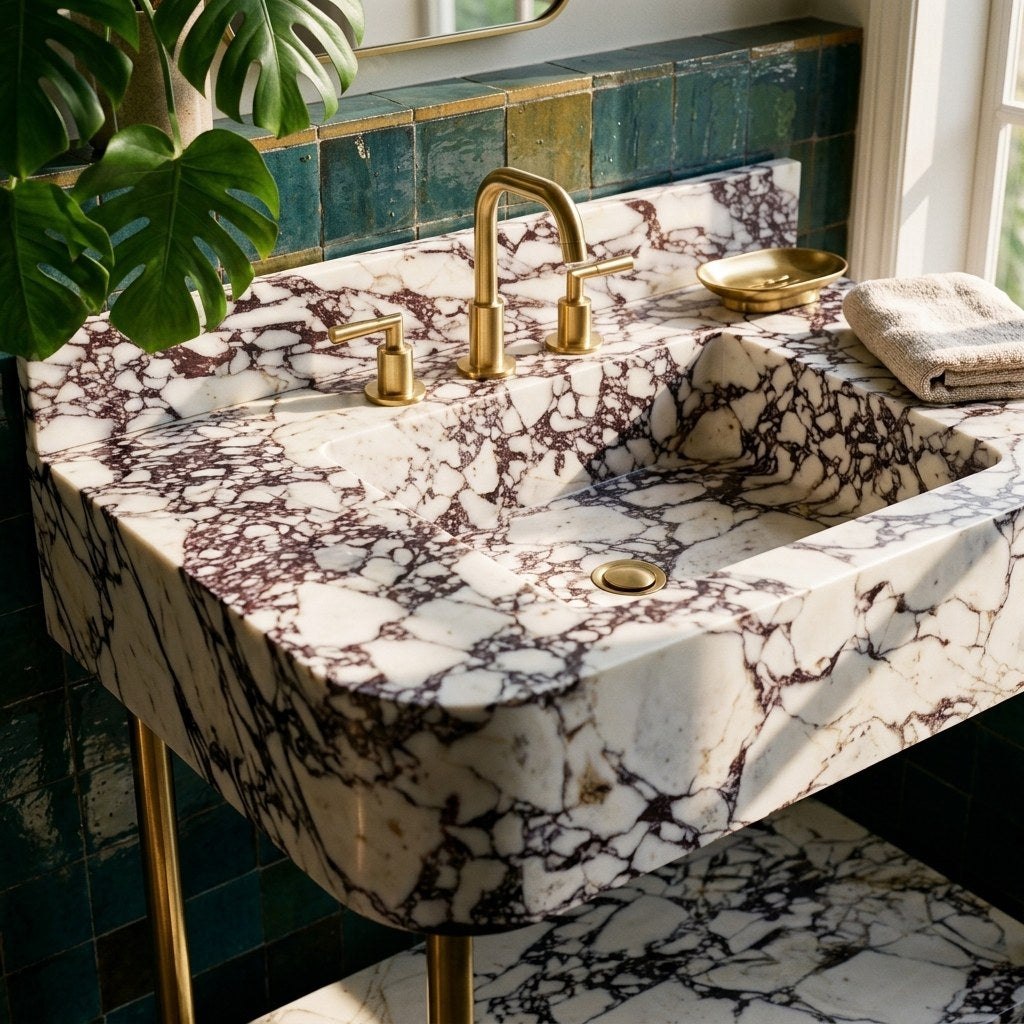 Calacatta Viola Marble Console Sink with Brass Gold Stand — premium — view 2