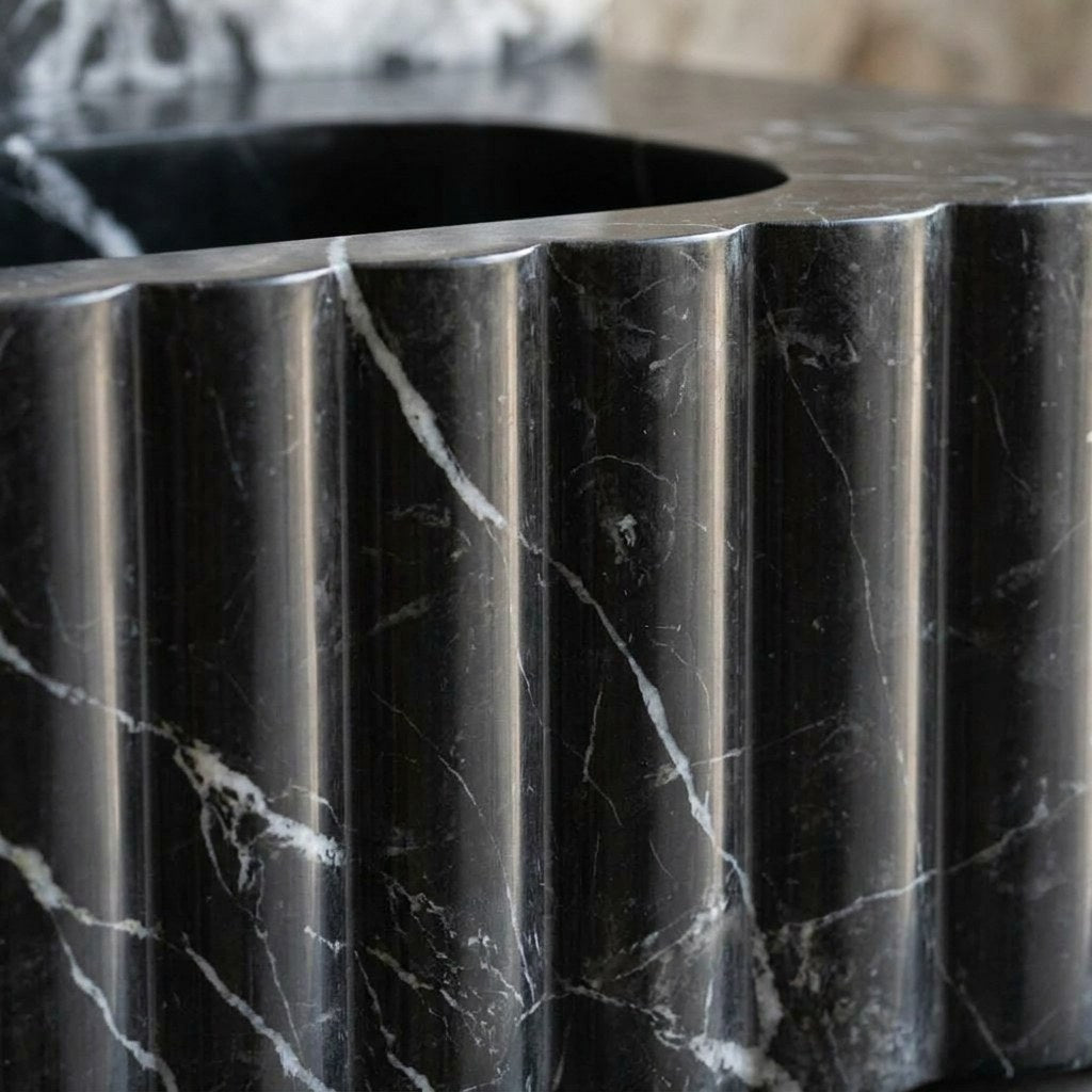 Pietra Notte Fluted Marble Sink with Backsplash — marble detail — view 3