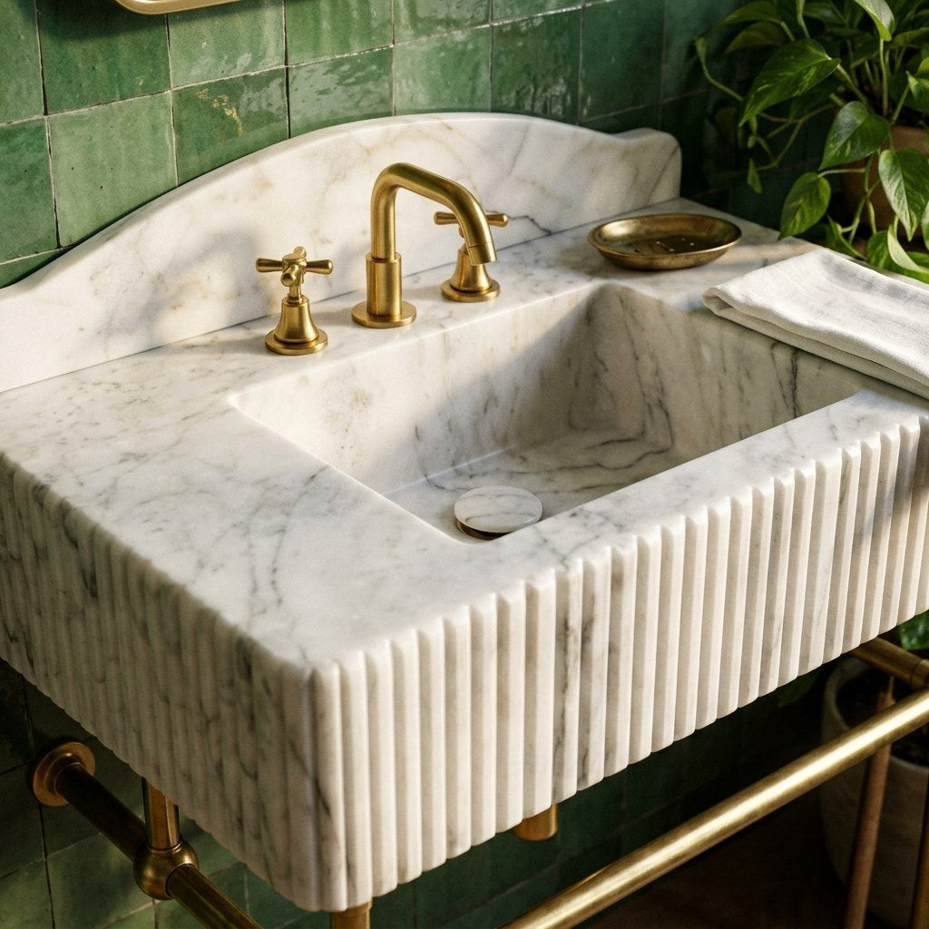 Carrara Fluted Marble Sink with Brass Stand — premium — view 2