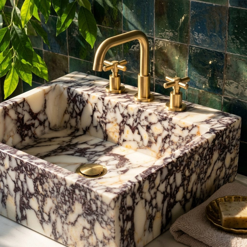 Calacatta Viola Polished Marble Sink with 3 Faucet Holes — premium — view 2