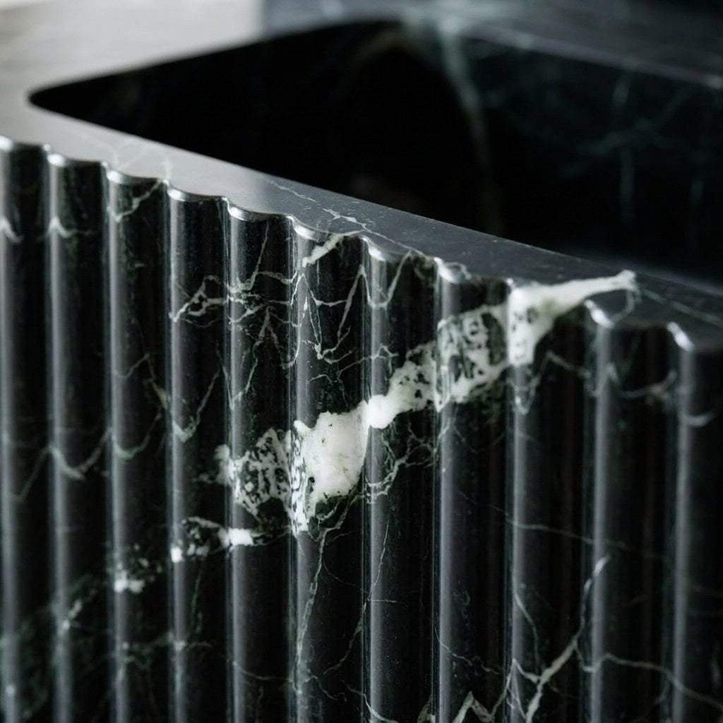 Elazig Green Fluted Marble Sink with Backsplash — marble detail — view 3