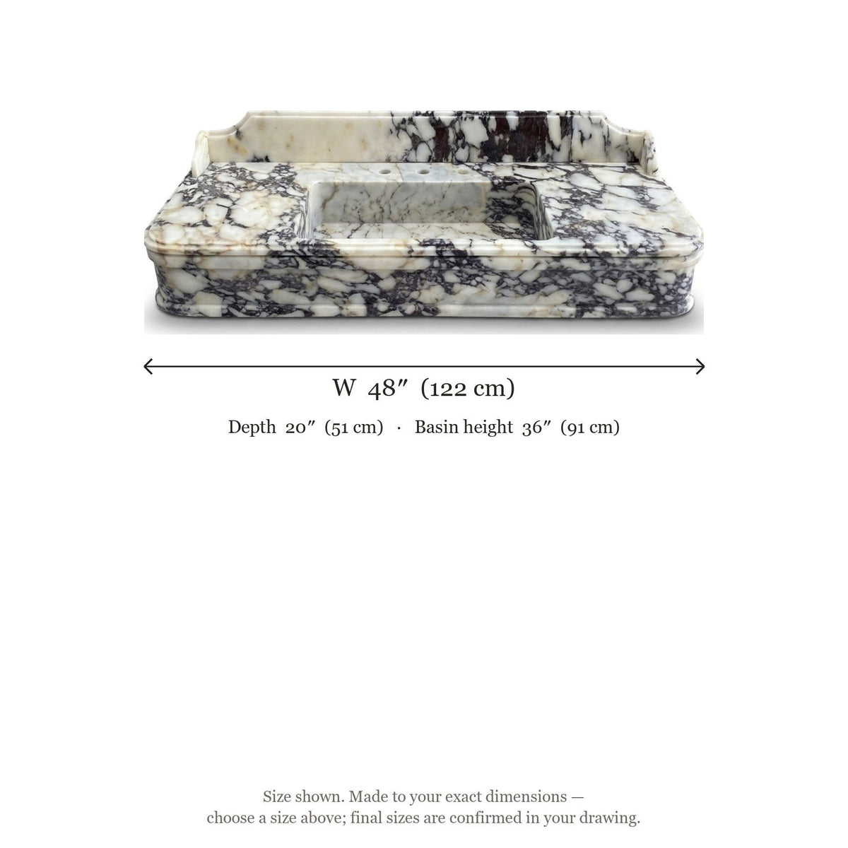 Calacatta Viola Marble Sink with Metal Stand and Backsplash — dimensions — view 4