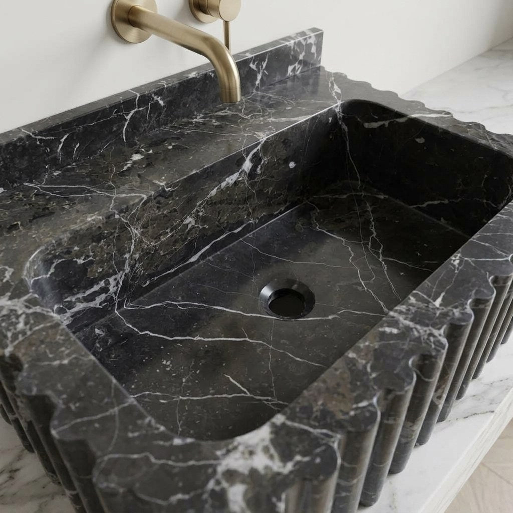 Pietra Notte Fluted Marble Sink with Backsplash — detail — view 4