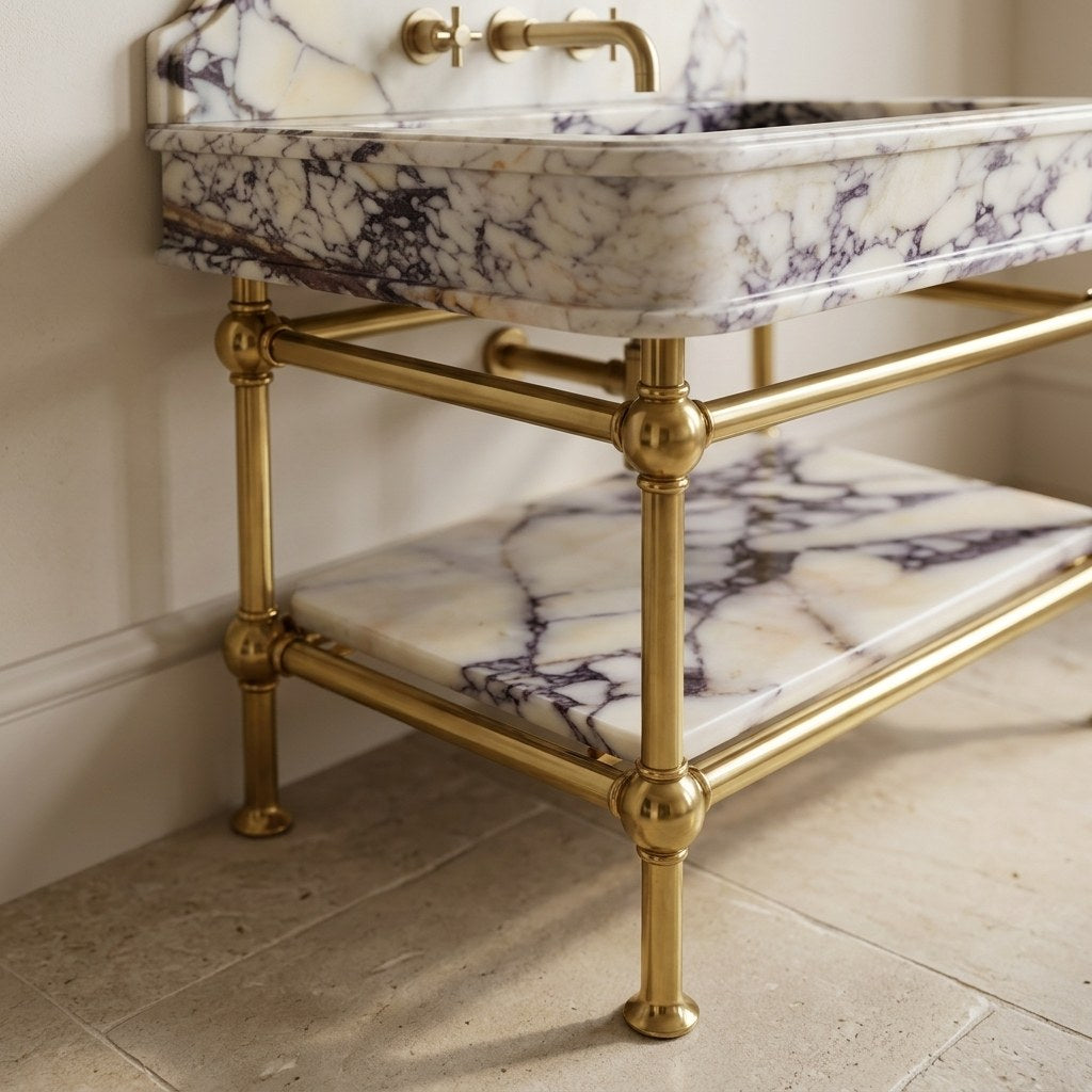 Calacatta Viola Marble Sink with Brass Stand and Backsplash — detail — view 3