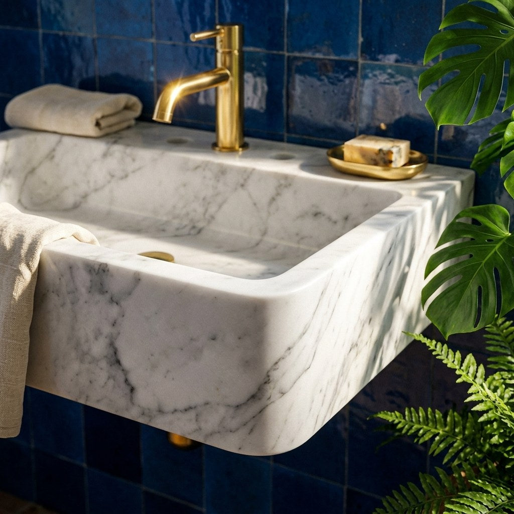 Carrara Marble Polished Vessel Sink with 3 Faucet Holes — premium — view 2