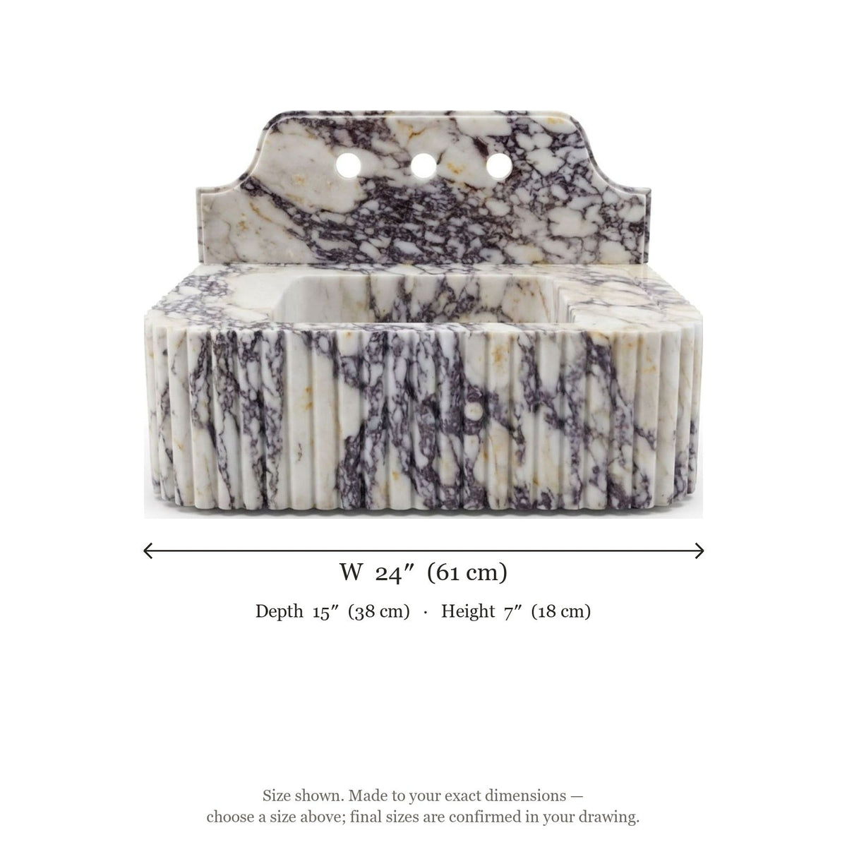Calacatta Viola Fluted Marble Sink with Backsplash — dimensions — view 5