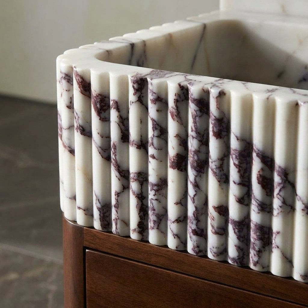 Calacatta Viola Fluted Marble Vanity Sink with Backsplash — marble detail — view 3