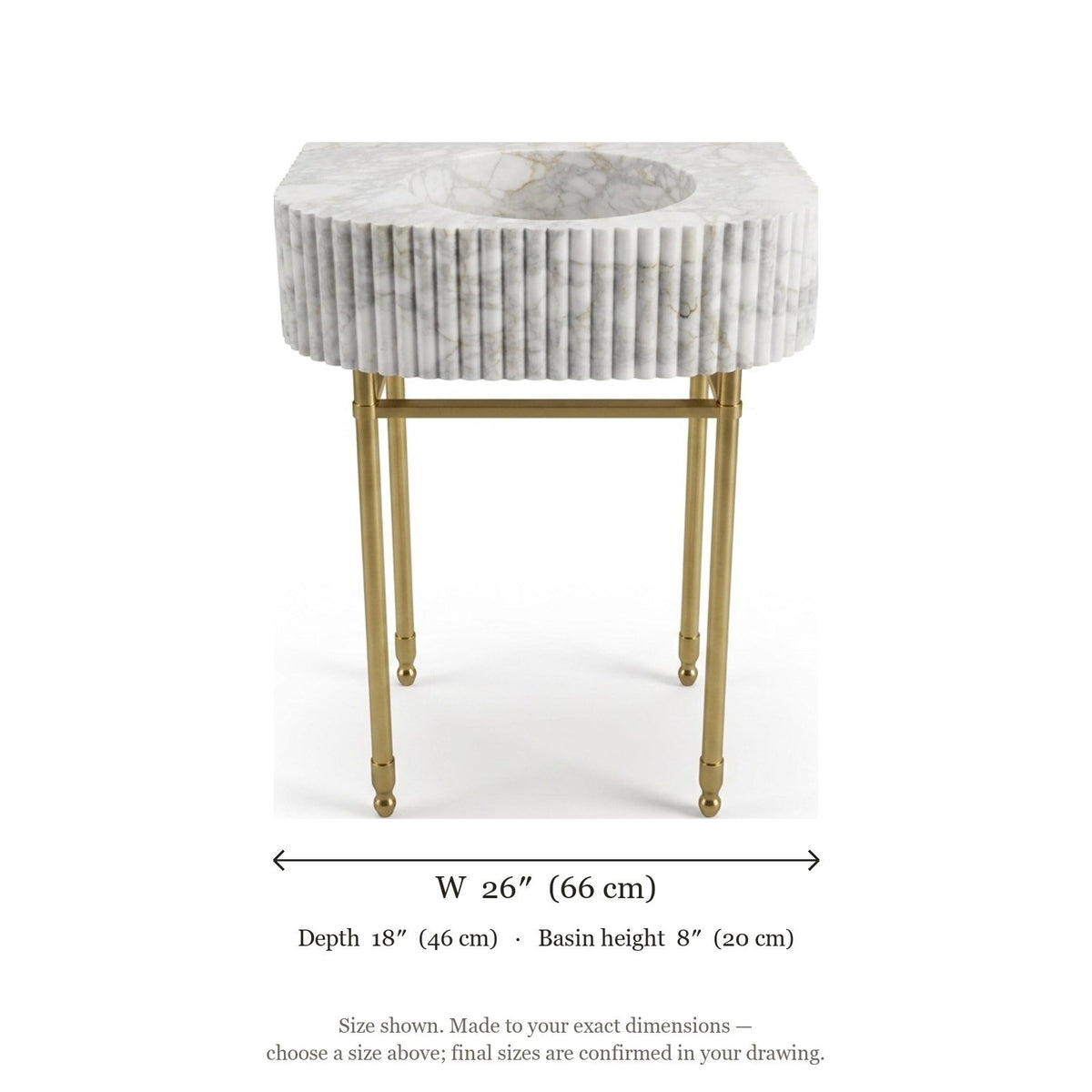 Calacatta Gold Fluted Marble Sink with Brass Stand — dimensions — view 5