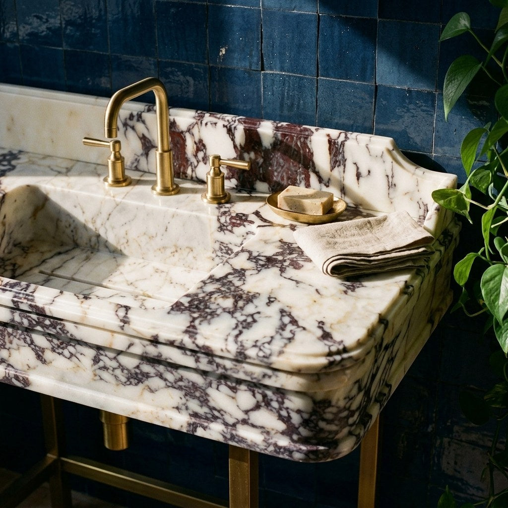 Calacatta Viola Marble Sink with Metal Stand and Backsplash — premium — view 2