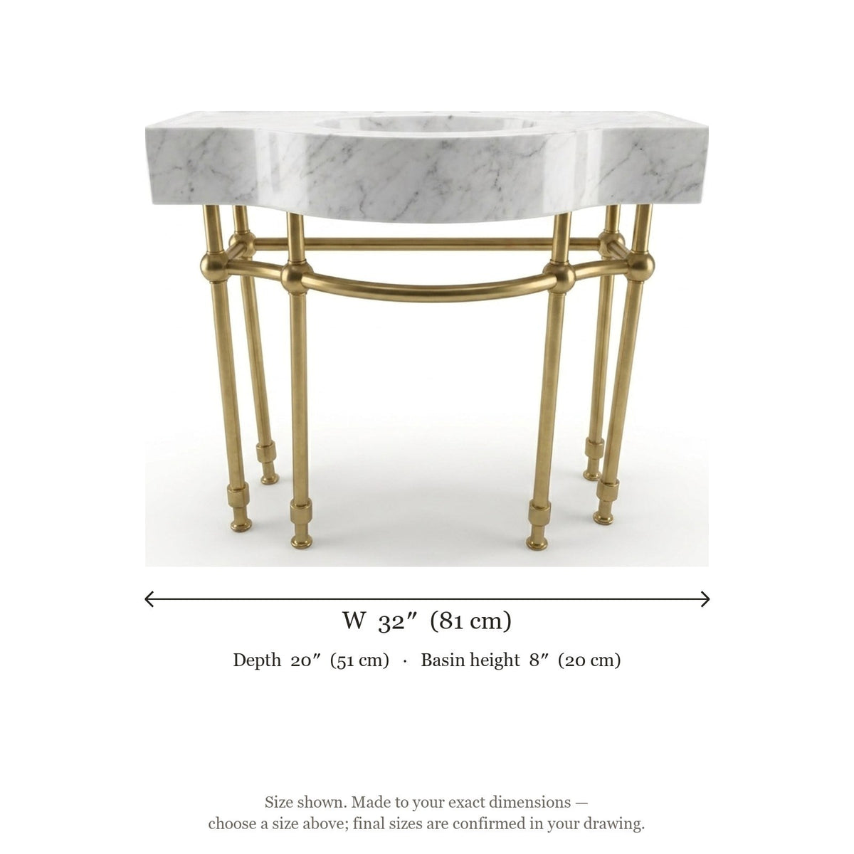 Carrara Marble Console Sink with Brass Stand — dimensions — view 5