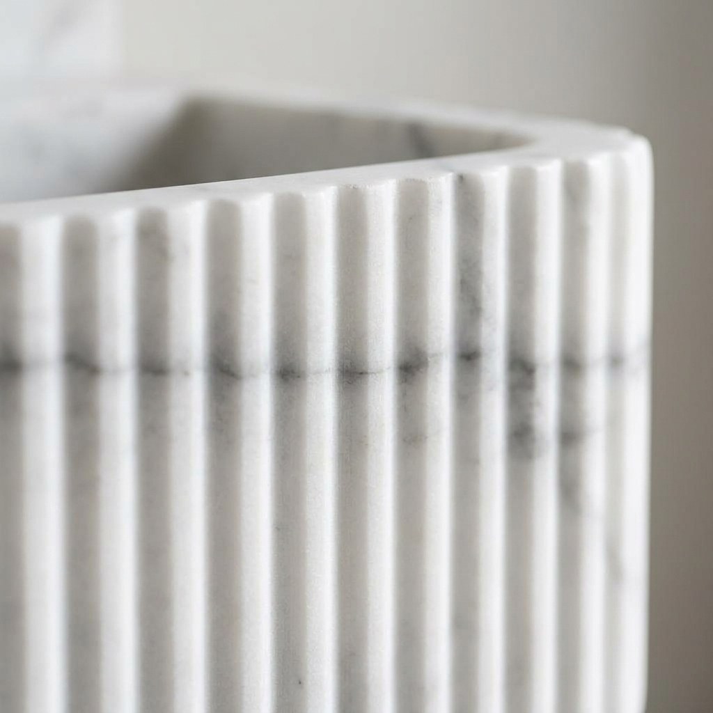 Carrara Fluted Marble Sink with Brass Stand — marble detail — view 3