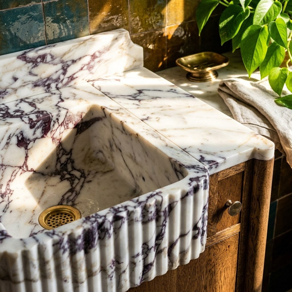 Calacatta Viola Fluted Marble Vanity with Backsplash — premium — view 2