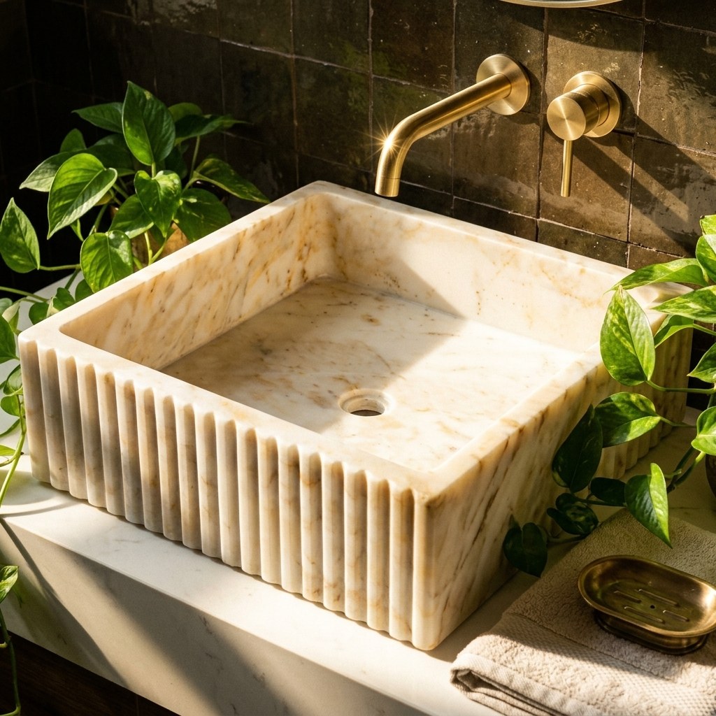 Calacatta Gold Fluted Marble Vessel Sink — premium — view 2