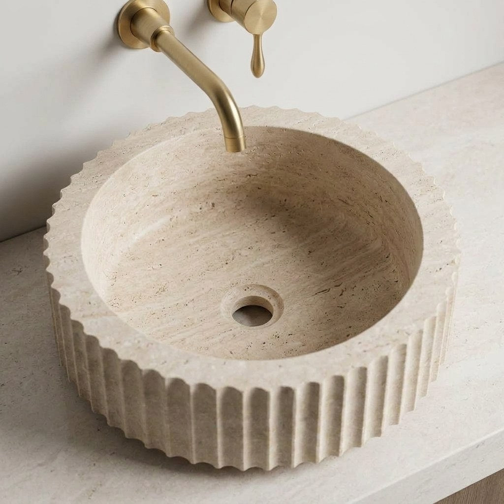 Honed Travertine Fluted Vessel Sink — detail — view 4