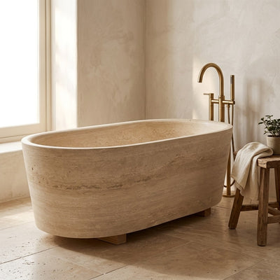 Polished Travertine Oval Freestanding Bathtub — premium