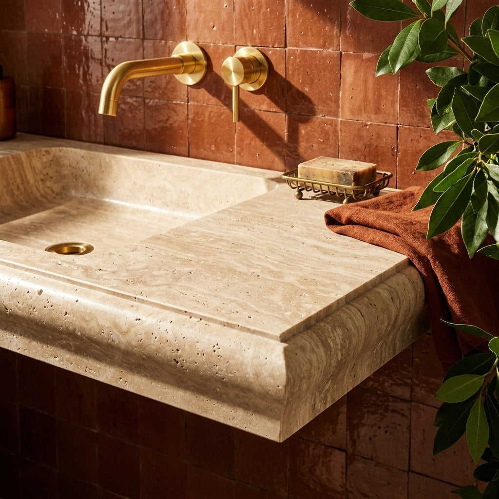 Polished Travertine Integrated Sink with Curved Profile — premium — view 2
