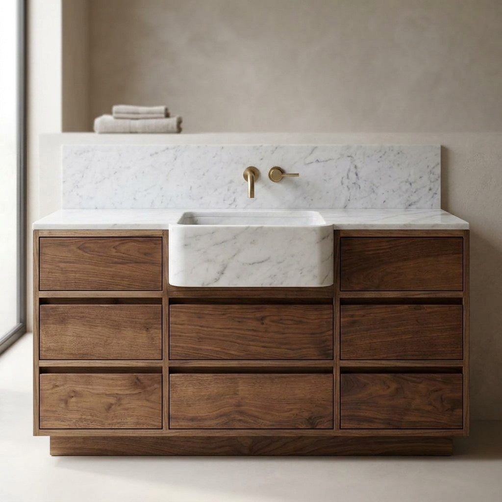 Carrara Marble Vanity with Wood Cabinet — detail — view 3