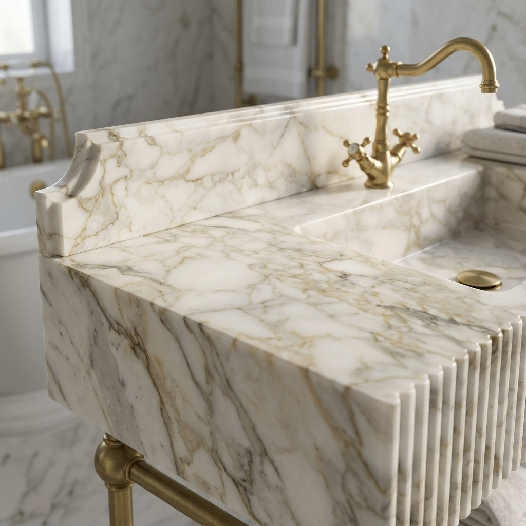 Calacatta Gold Marble Sink with Brass Stand and Backsplash — marble detail — view 3