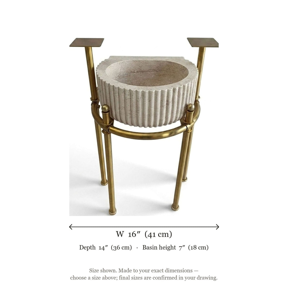 Travertine Fluted Travertine Sink with Brass Stand — dimensions — view 4