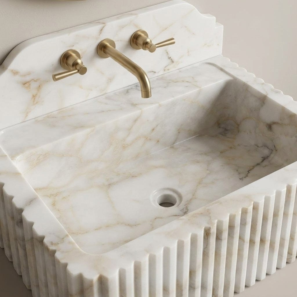 Calacatta Gold Fluted Marble Sink with Backsplash — detail — view 4