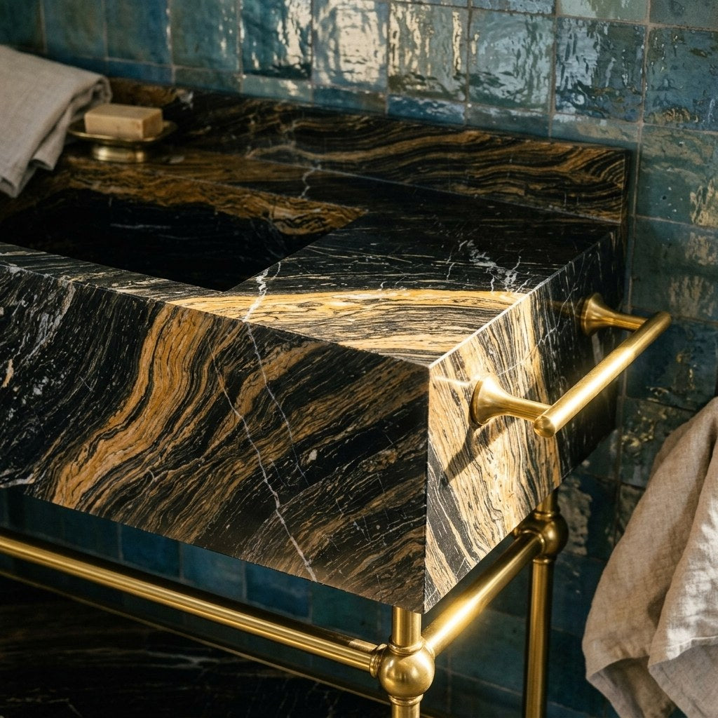 Picasso Marble Sink with Brass Stand and Backsplash — premium — view 2