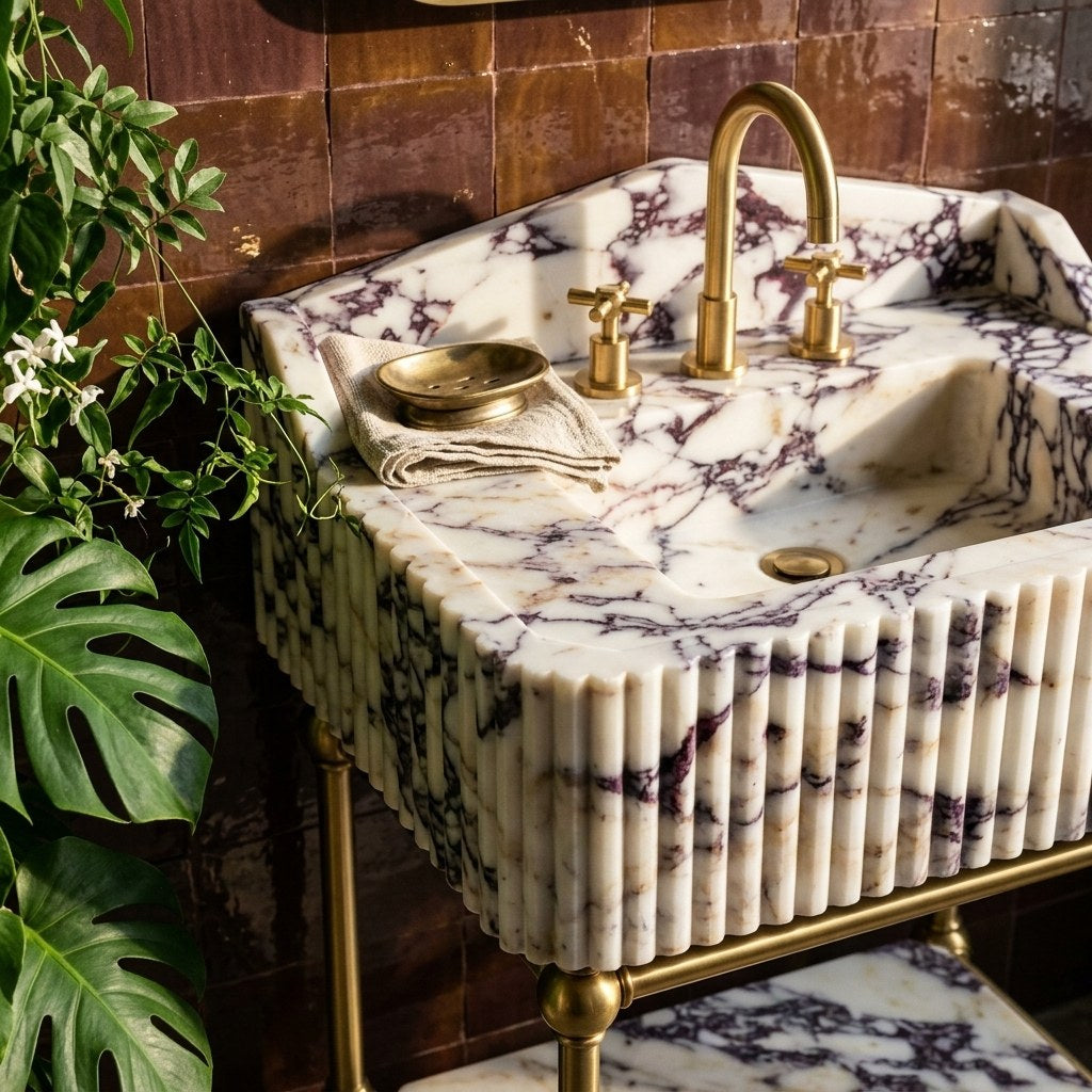 Calacatta Viola Fluted Marble Sink with Brass Stand — premium — view 2