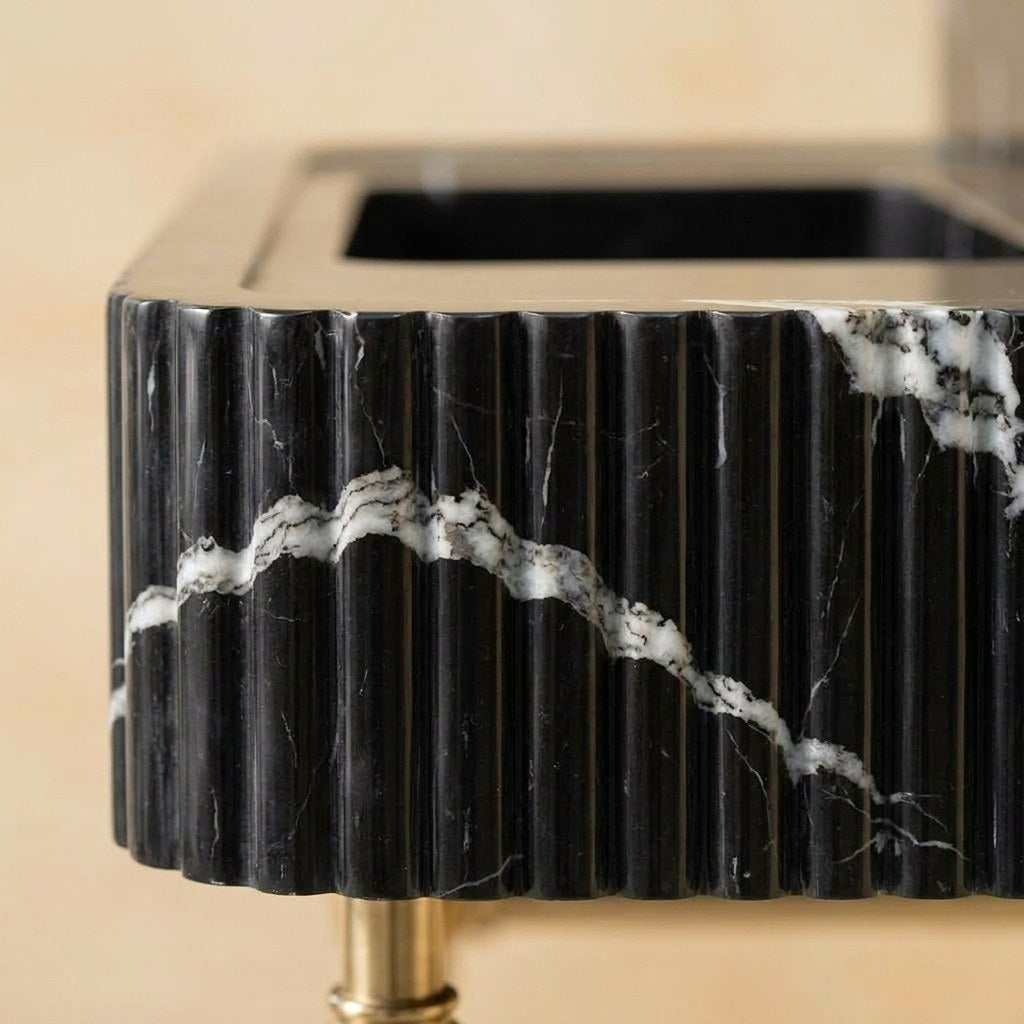 Nero Marquina Fluted Marble Sink with Brass Stand — marble detail — view 3