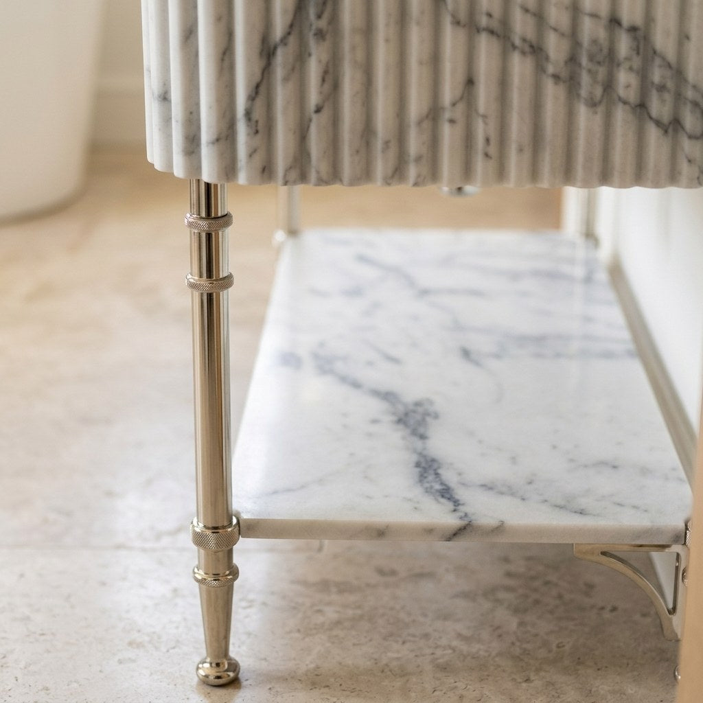 Carrara Fluted Marble Sink with Metal Stand and Backsplash — detail — view 3