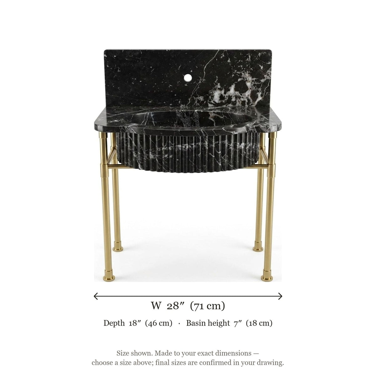 Pietra Notte Fluted Marble Sink with Brass Stand and Backsplash — dimensions — view 4