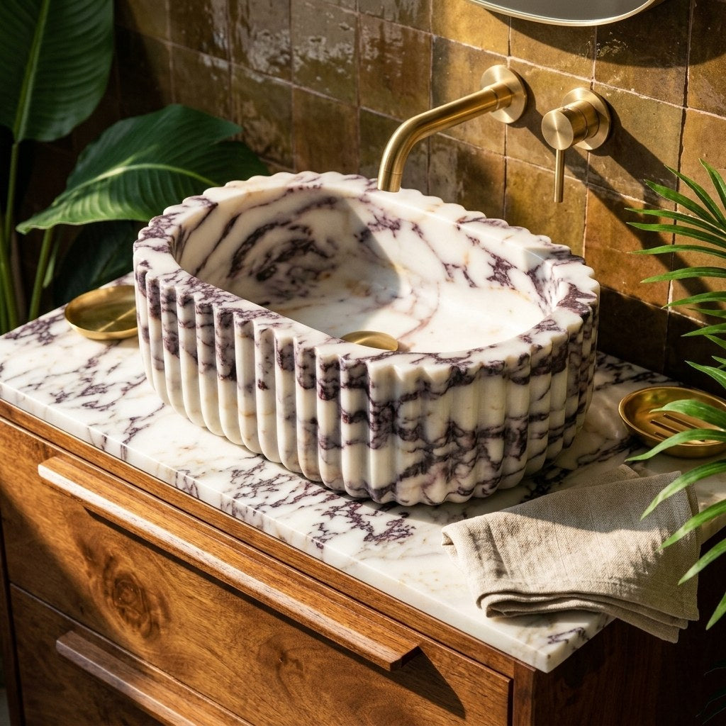 Calacatta Viola Fluted Marble Sink with Wood Vanity — premium — view 2