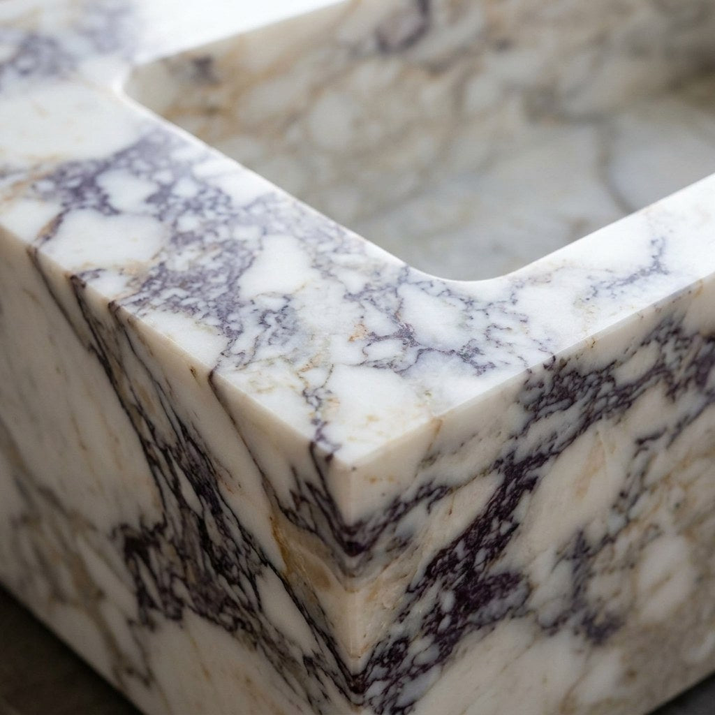 Calacatta Viola Honed Marble Sink with Three Faucet Holes — marble detail — view 3
