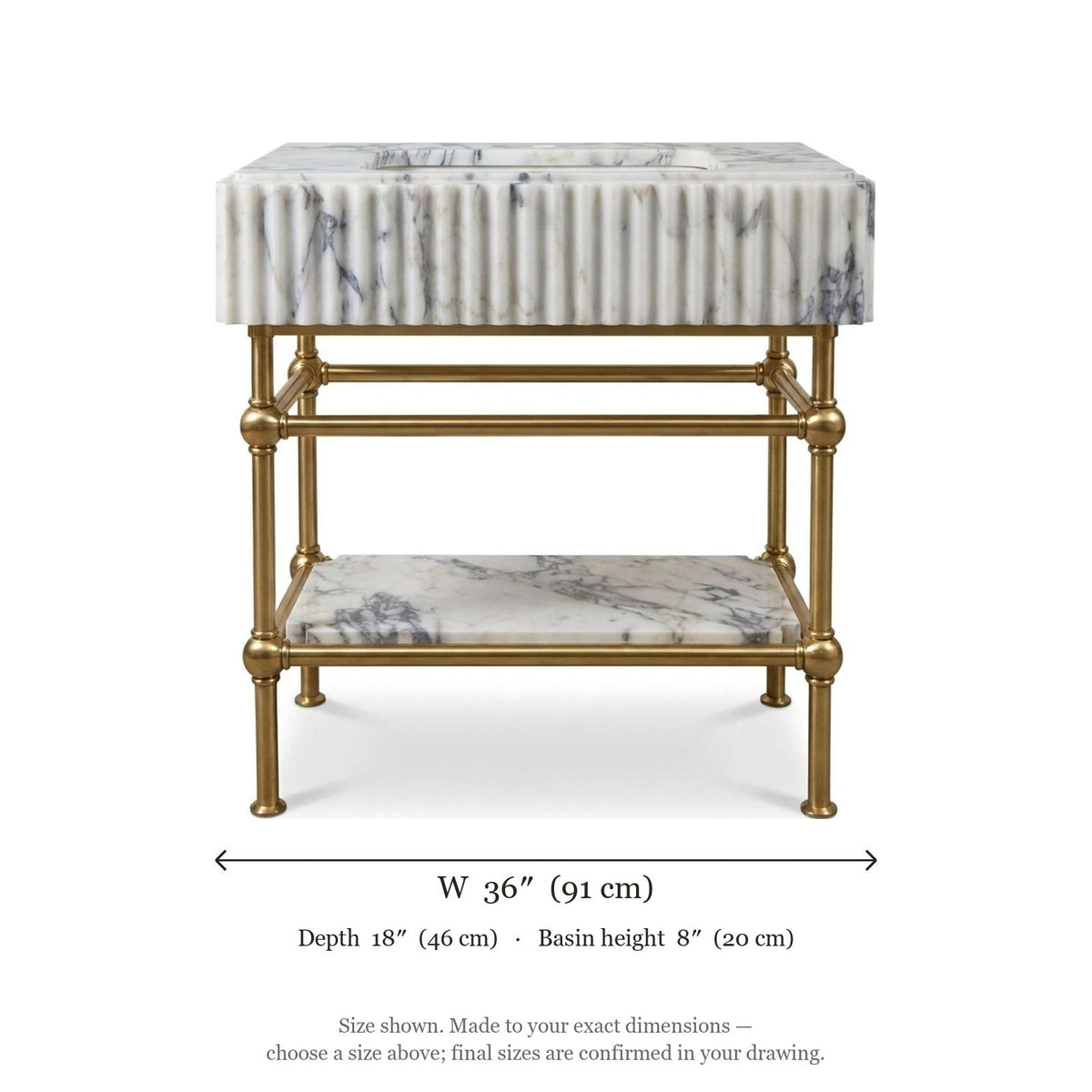 Calacatta Viola Fluted Marble Sink with Brass Stand — dimensions — view 4