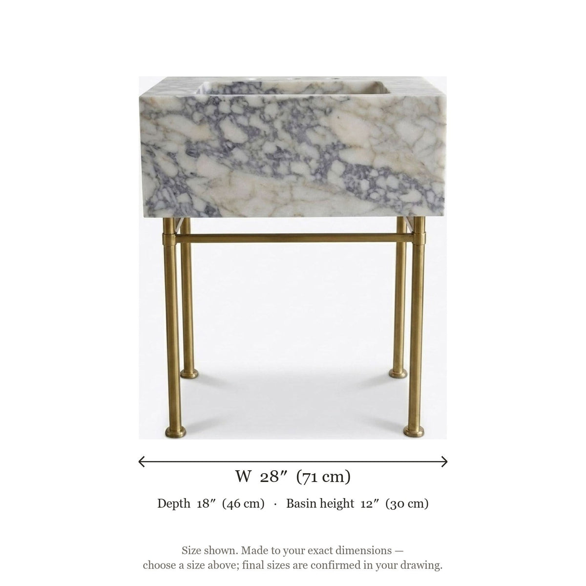 Calacatta Viola Honed Marble Sink with Brass Stand — dimensions — view 5