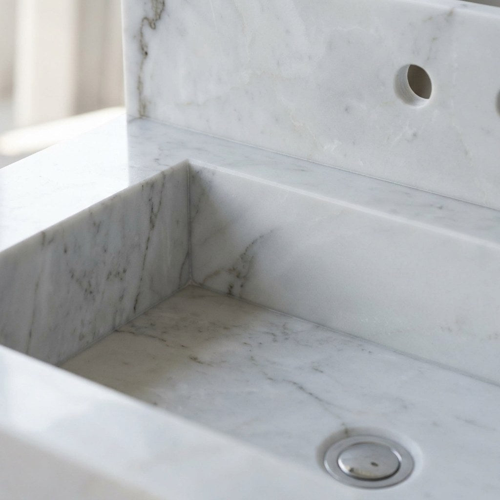 Polished Carrara Marble Sink with Backsplash — marble detail — view 3