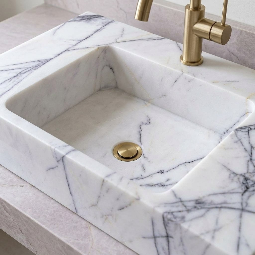 Lilac Polished Marble Vessel Sink with Single Faucet Hole — detail — view 4