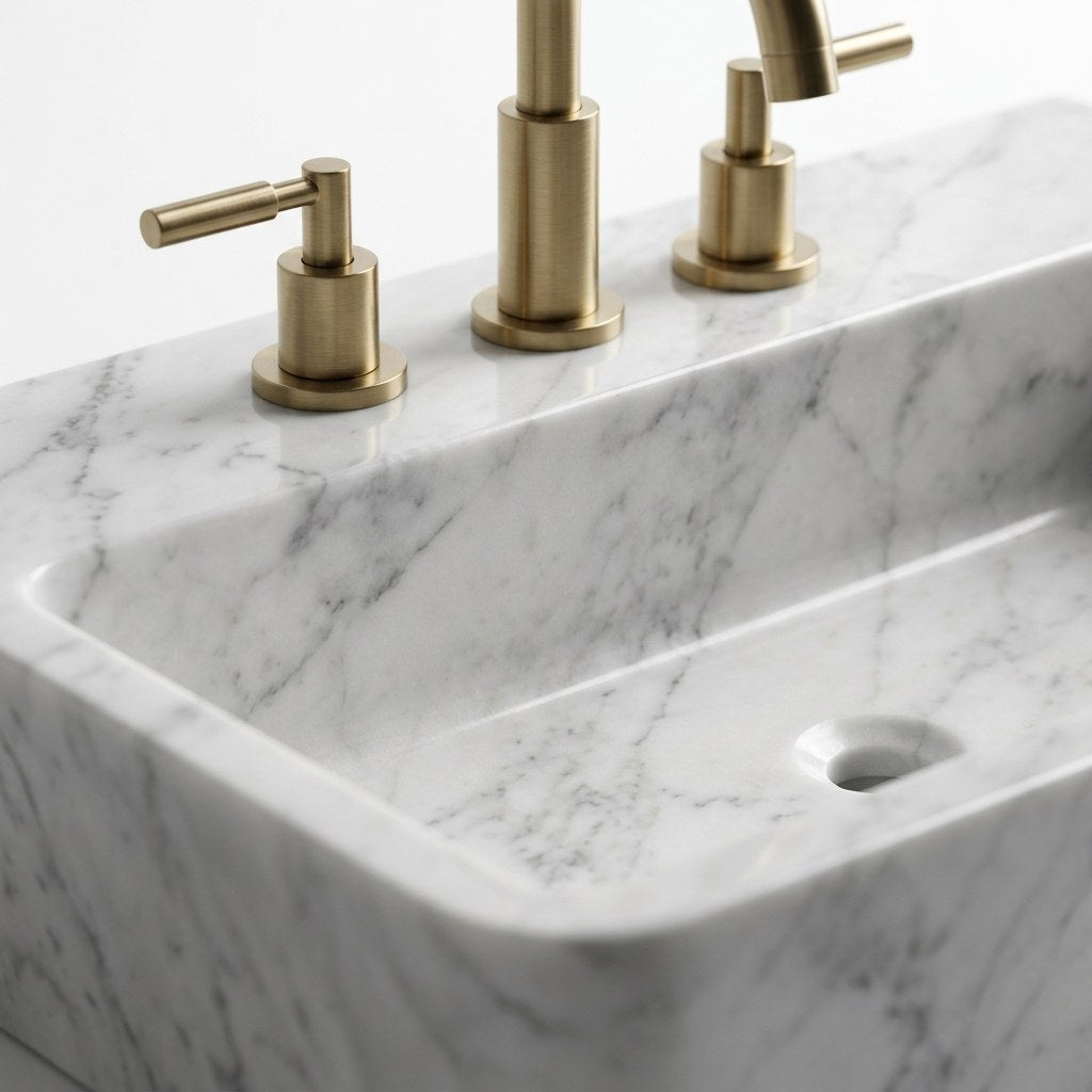 Carrara Marble Polished Vessel Sink with 3 Faucet Holes — marble detail — view 3