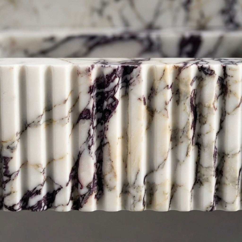 Calacatta Viola Fluted Marble Sink with Copper Stand and Backsplash — marble detail — view 3